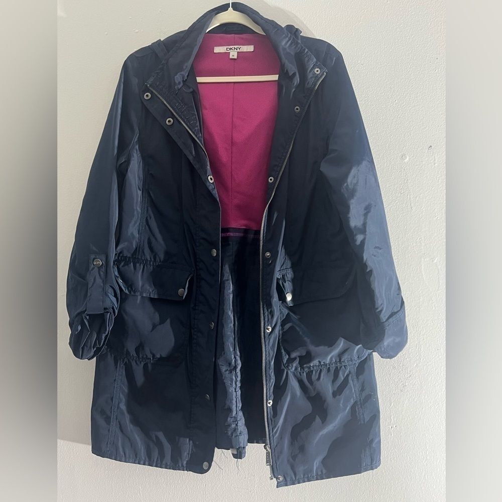 DKNY Women's Navy Hooded Anorak Jacket with Pink Lining